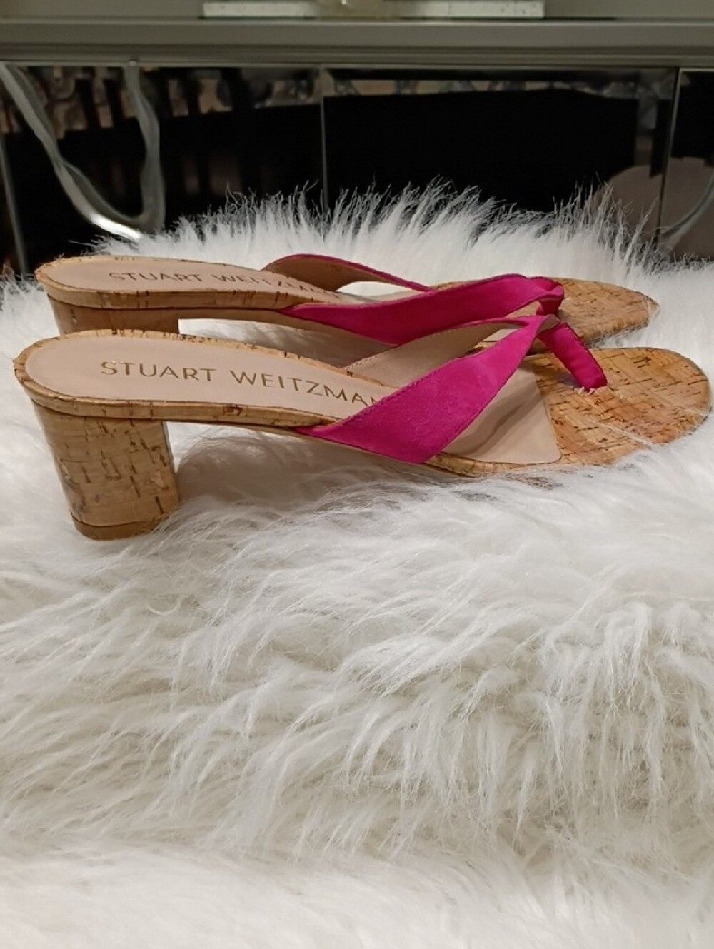 Stuart Weitzman Brigida Fuchsia Cork Block Heel Thong Mules Sandals 7.5 - Picture 3 of 15